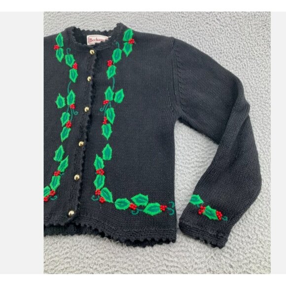 Vintage Bechamel Sweater Womens Sz L Christmas Cardigan Black green red long slv - Picture 6 of 15